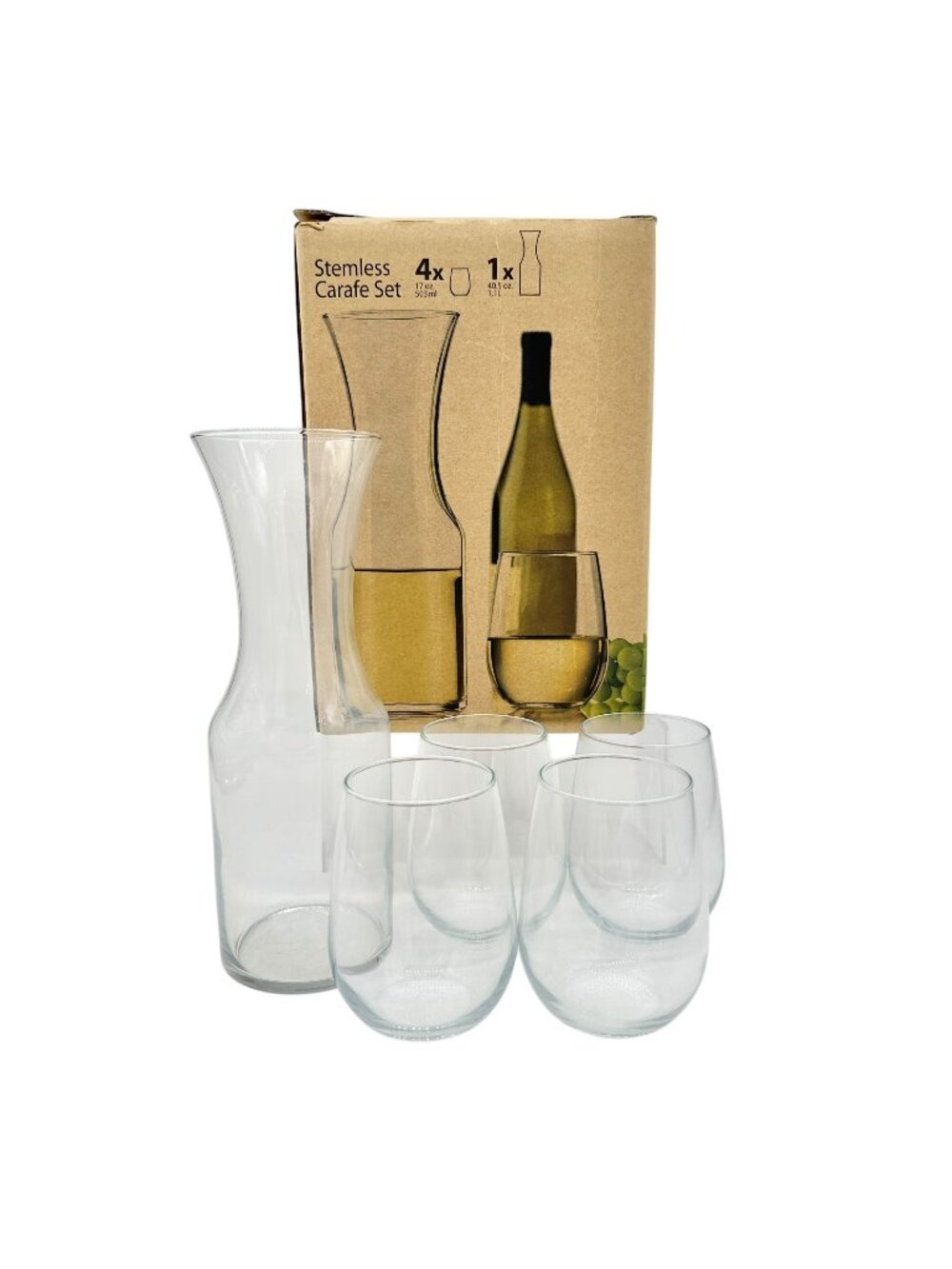 Stemless Carafe Set NIB 4 Glasses 17 Oz and 40.5 Oz Clear Glass Beverageware